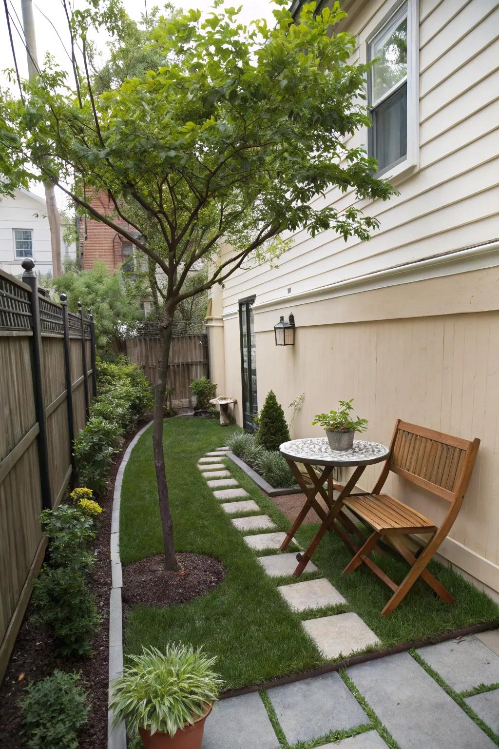 A seating spot can turn your side yard into a tranquil retreat.