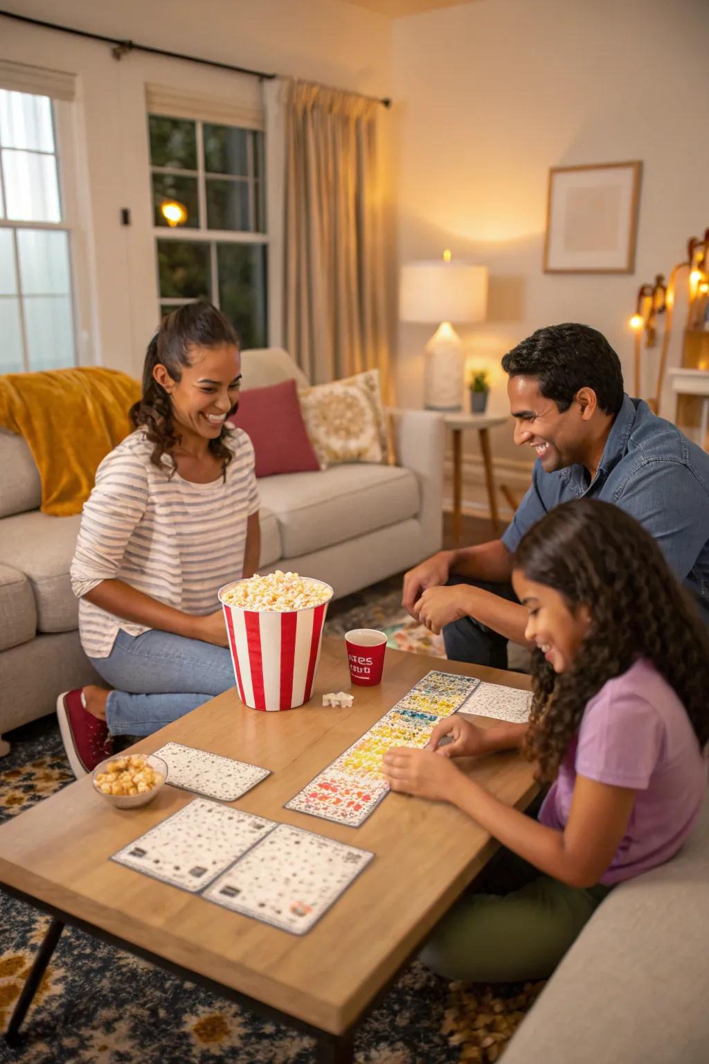 Family reveling in a popcorn-themed word game night.