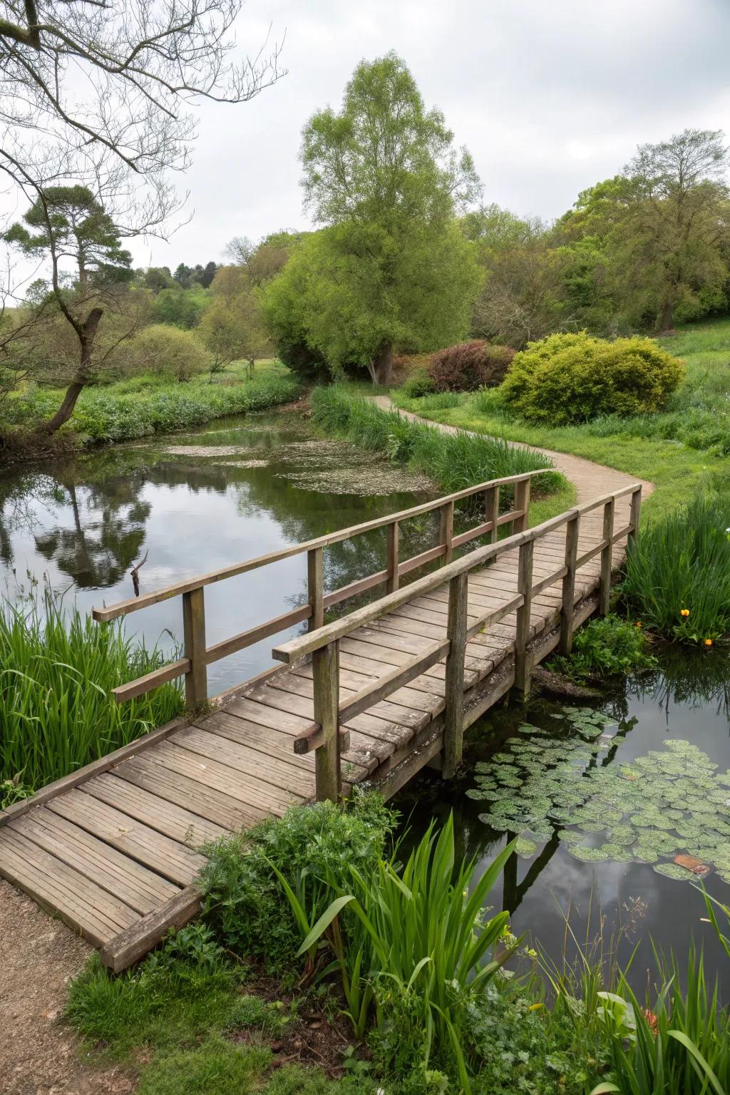 An endearing bridge lending persona and utility to a pond setting.