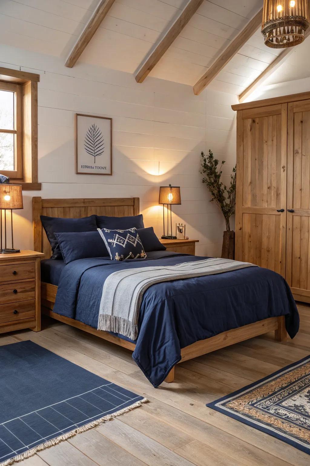 Create warmth with navy and natural wood elements.