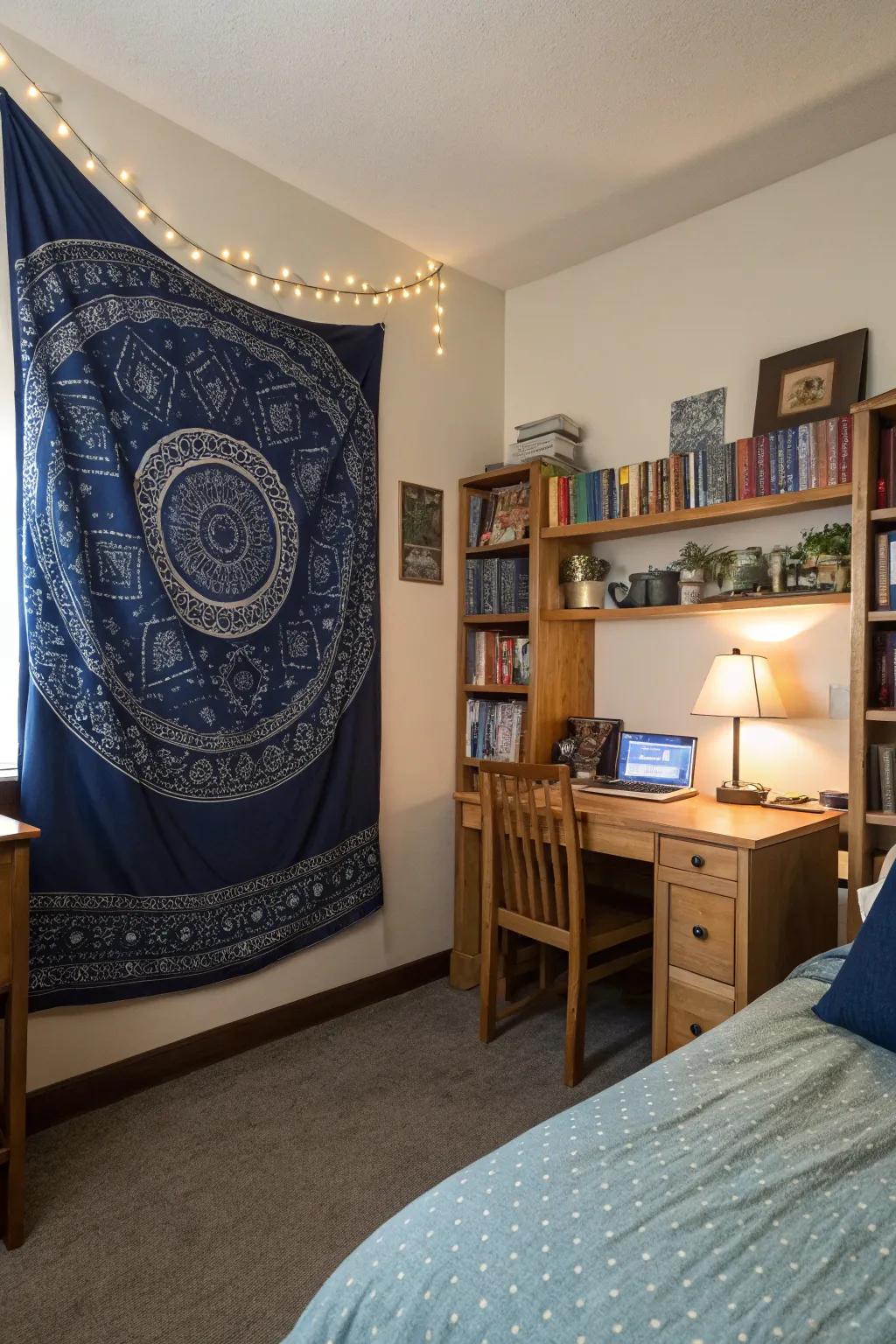 A bohemian wall hanging enhances texture and personality to your dorm decor.