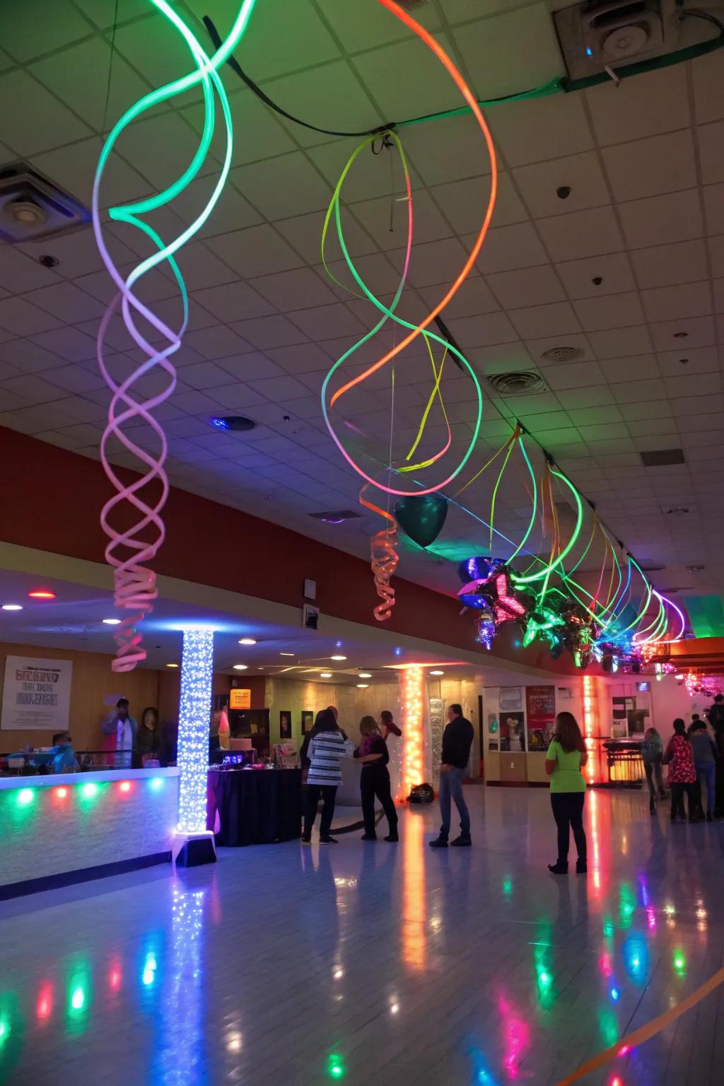 Suspended radiant strands and cords fashioning a dynamic ambiance in a shimmering party space.