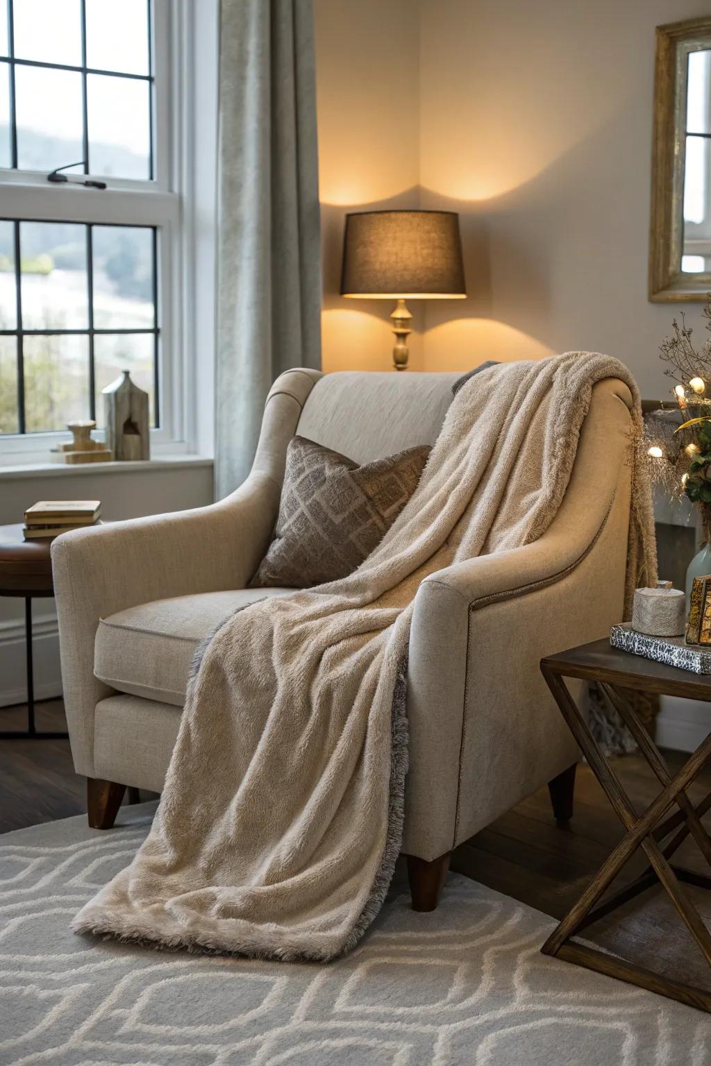 A comforting wrap contributes coziness and flair.