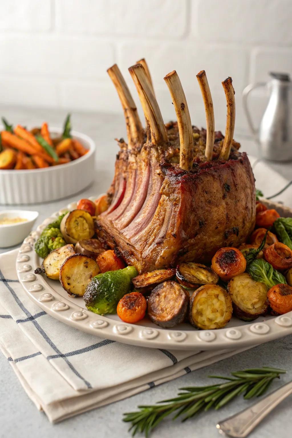 A magnificent crown roast of pork, setting the stage for a memorable New Year's celebration.