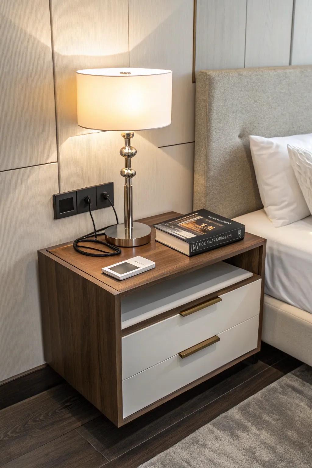 Make the most of limited space using a sleek wall-mounted bedside table layout.