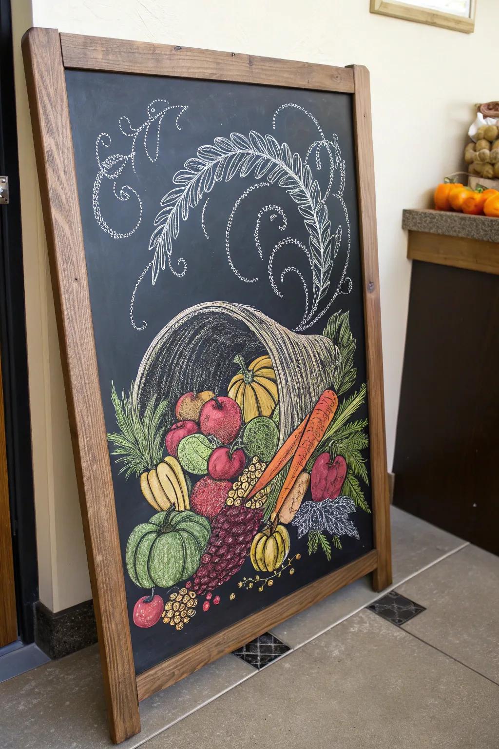 An exquisite cornucopia chalkboard design, representing abundance.