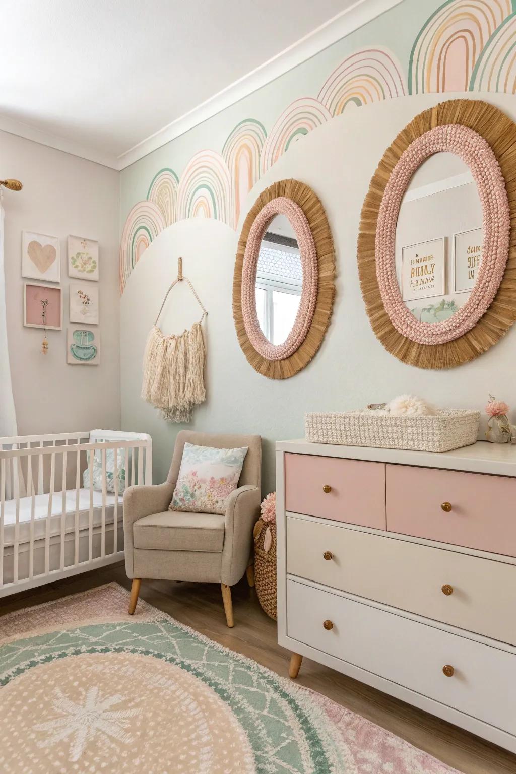 Soft-colored reflector trims match perfectly with this nursery's decor.