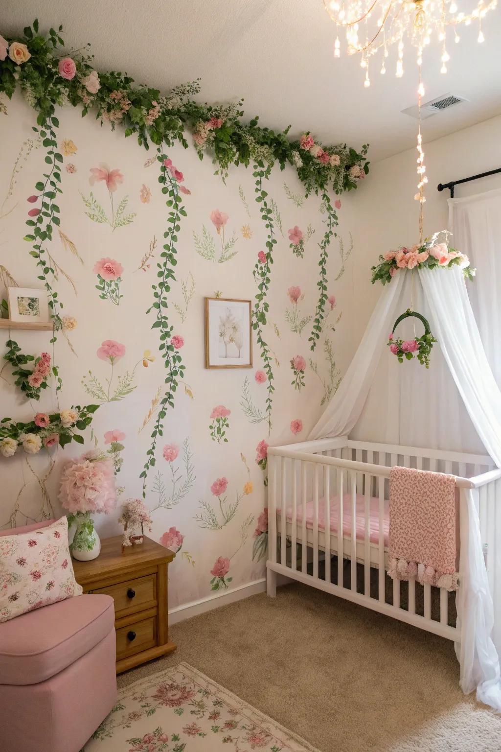 A nature-infused nursery blossoming with botanical and garden-inspired embellishments.