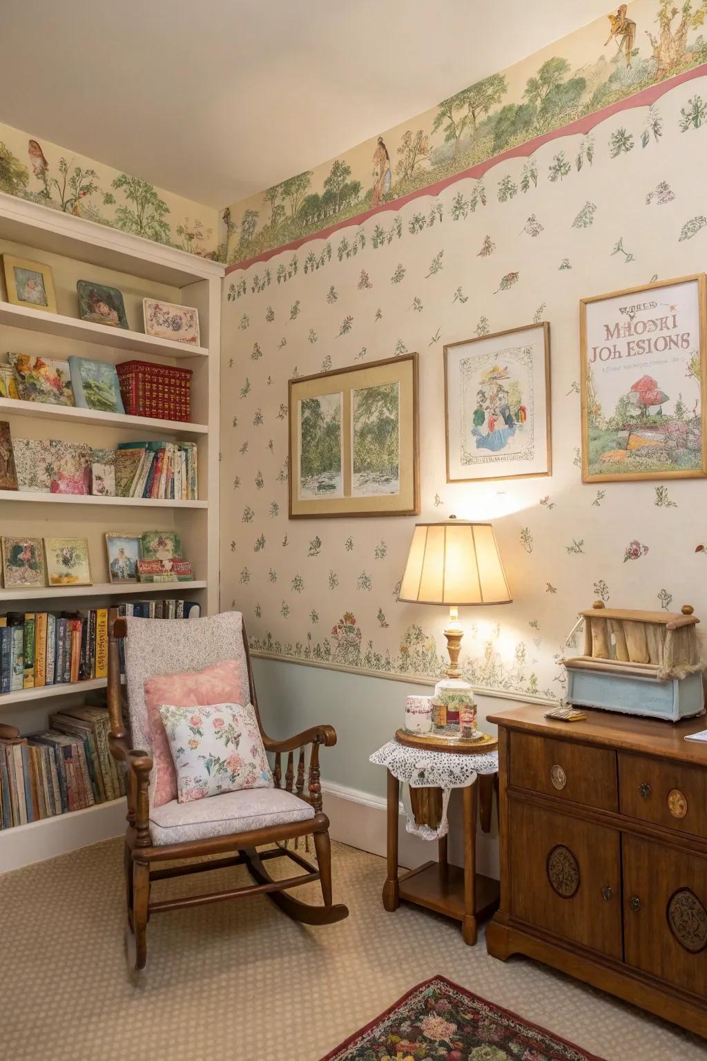 Vintage-like book wall coverings add charm and a sense of nostalgia.