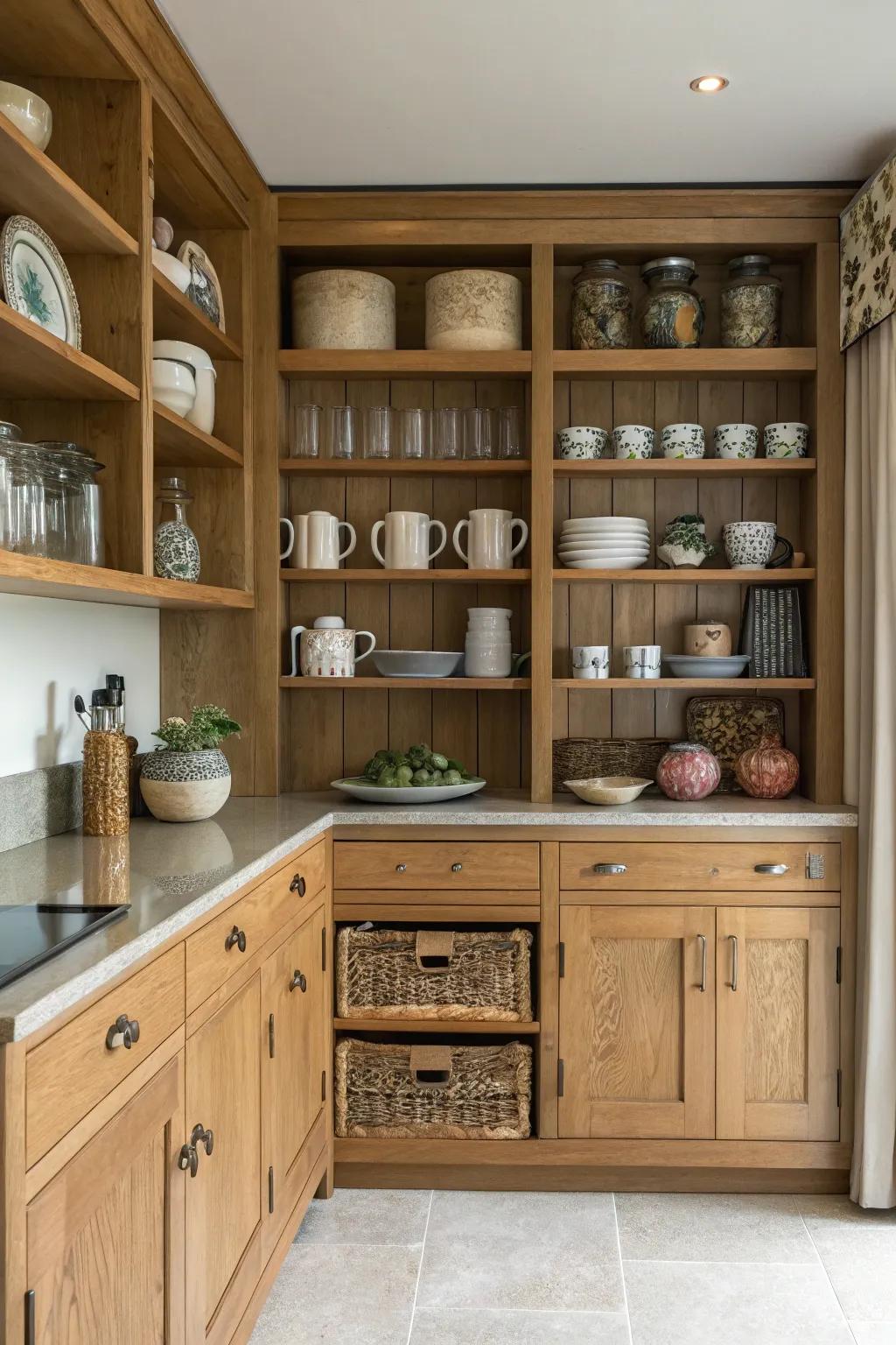 Uncovered shelving enriches a personal and airy impression to oak kitchens.