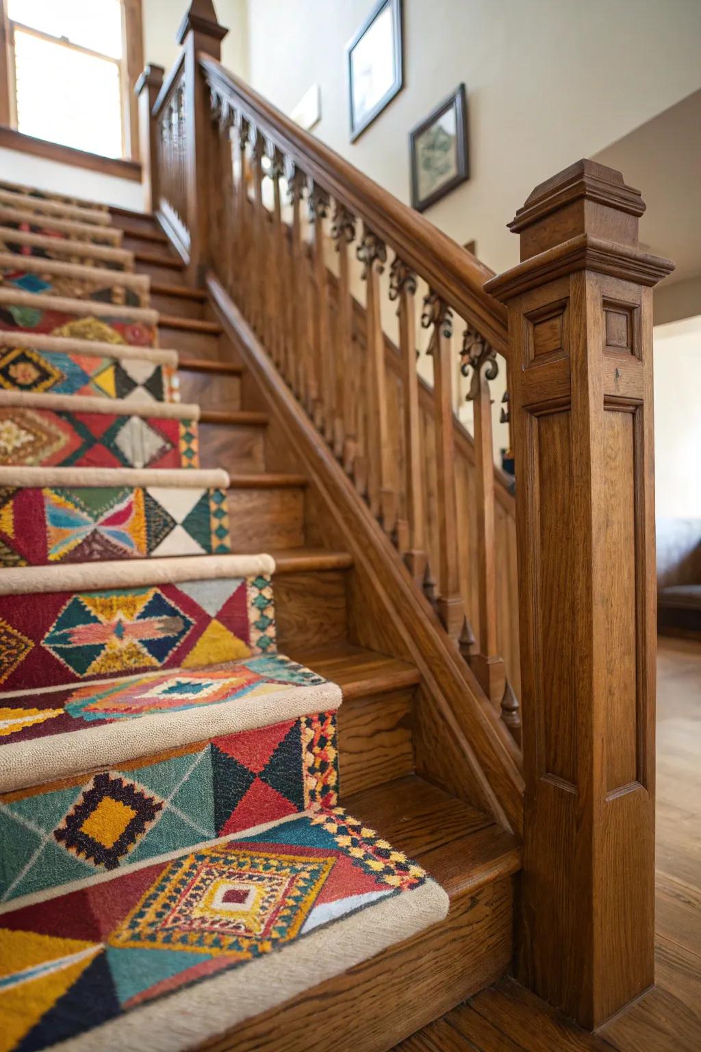 A colorful stair carpet adding warmth and style to an oak staircase.
