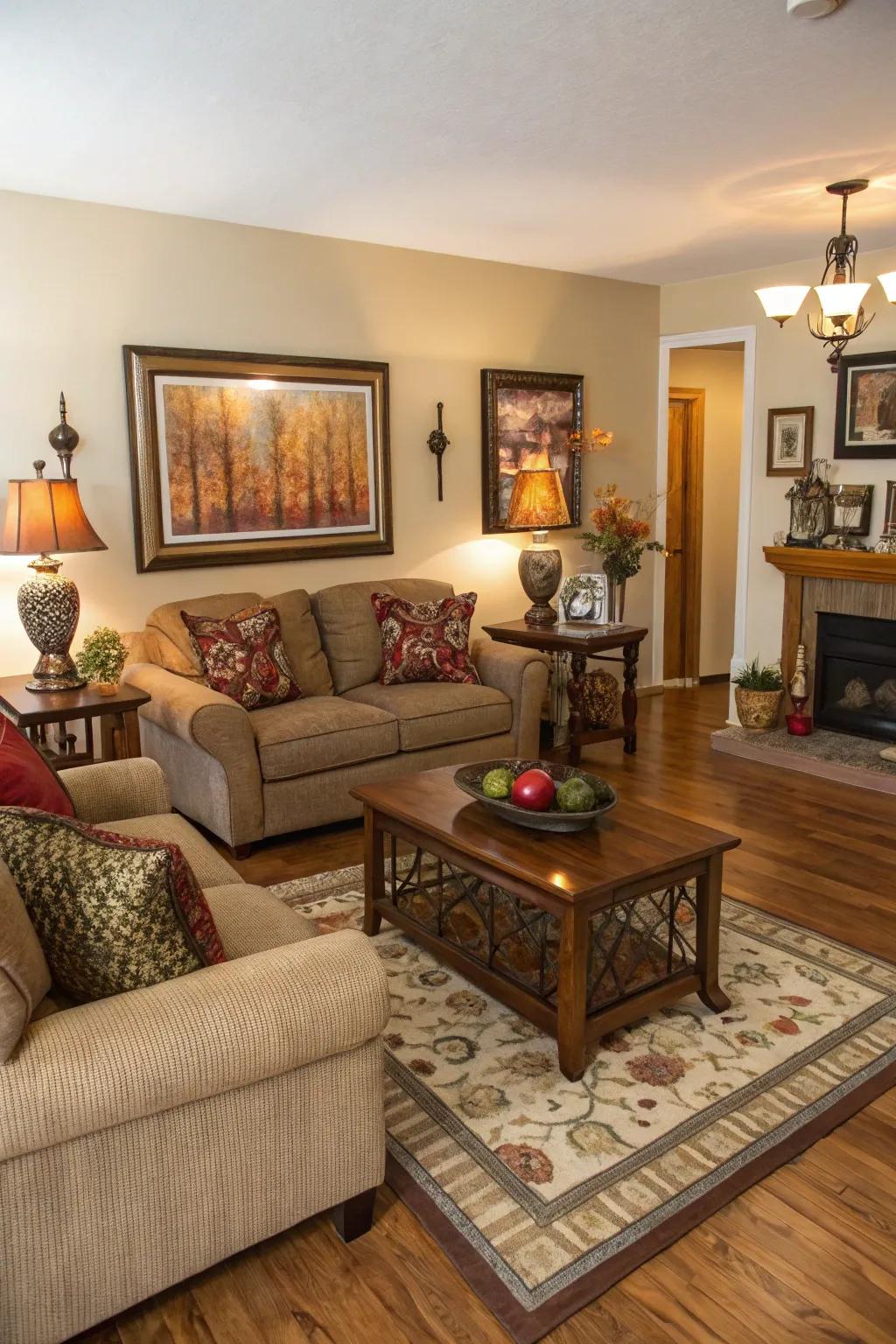 Artful highlights infuse individuality into a room featuring oak floors.