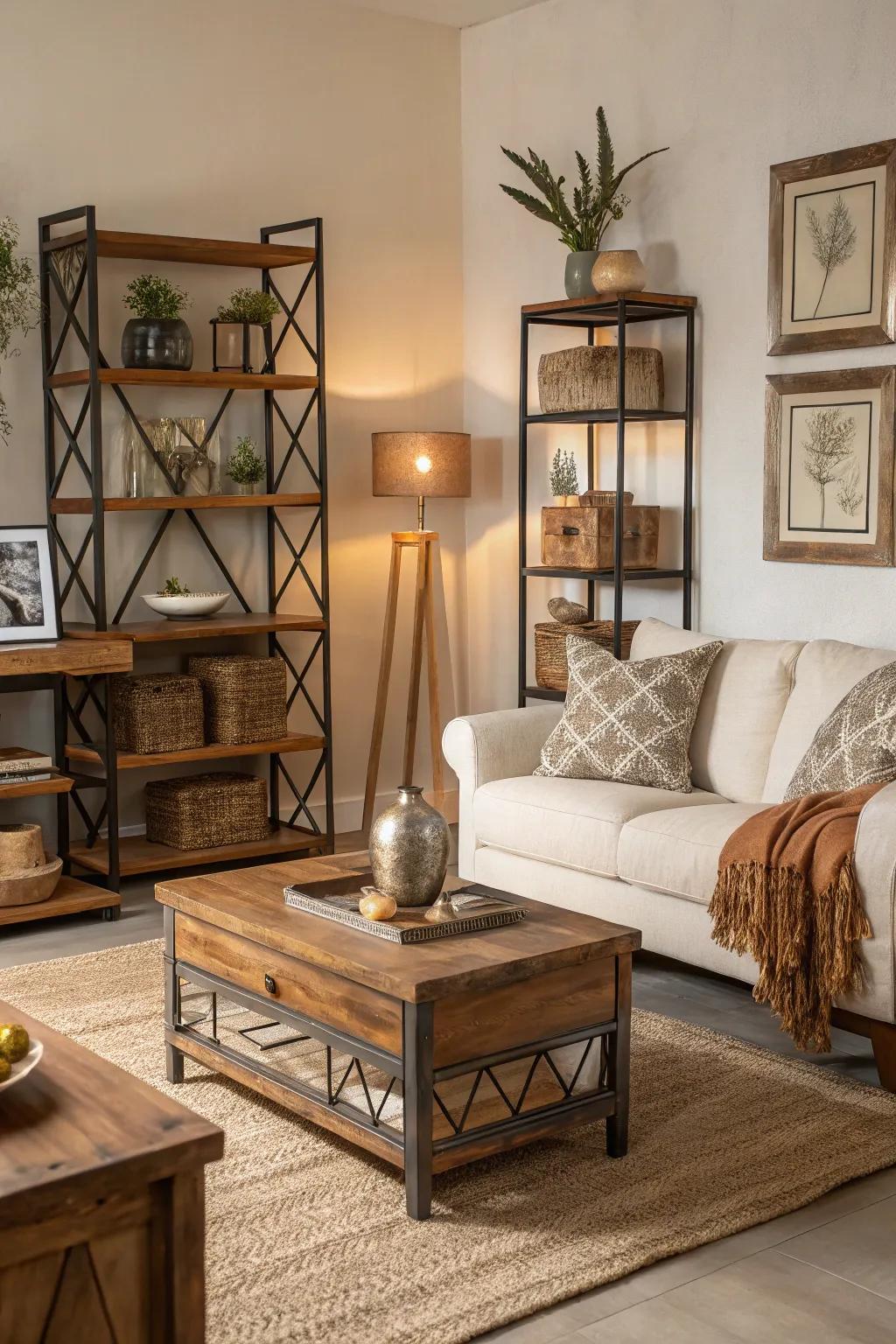 Accent pieces add warmth and balance to an off white space.