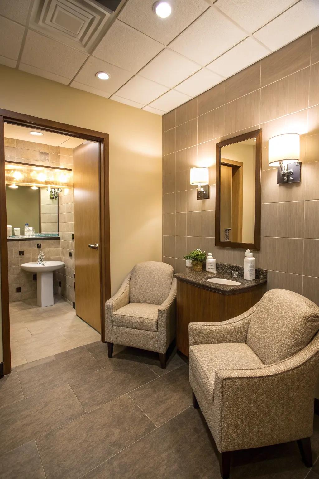 A seating area adds a touch of comfort and relaxation to the office bathroom.