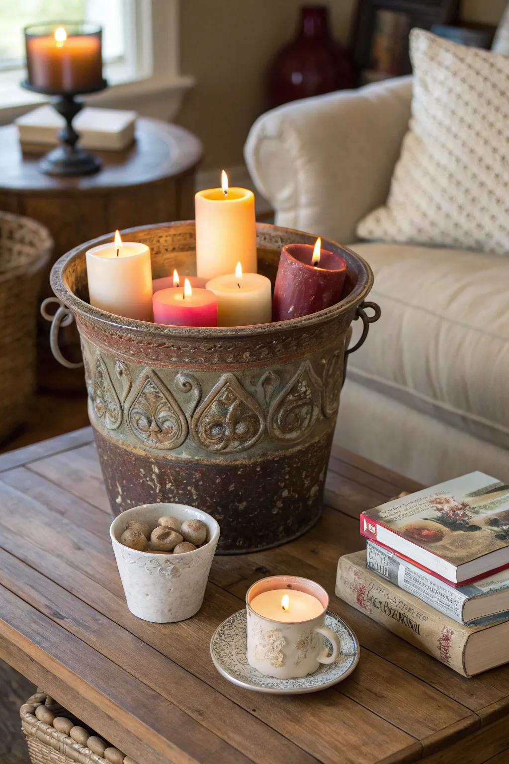 Set a snug disposition with a stoneware flame base.