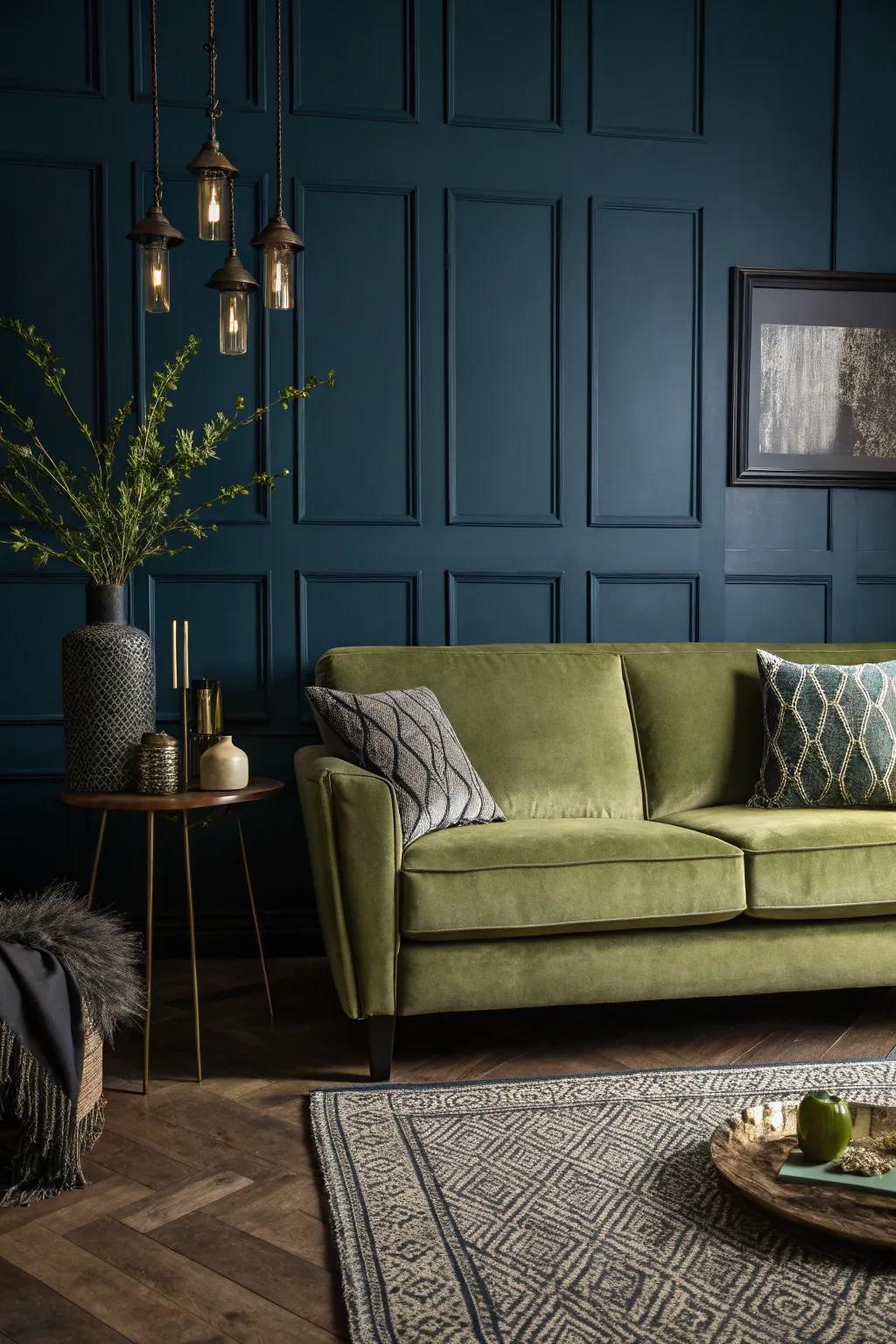 Intense hues fashion a remarkable contrast with an emerald couch.