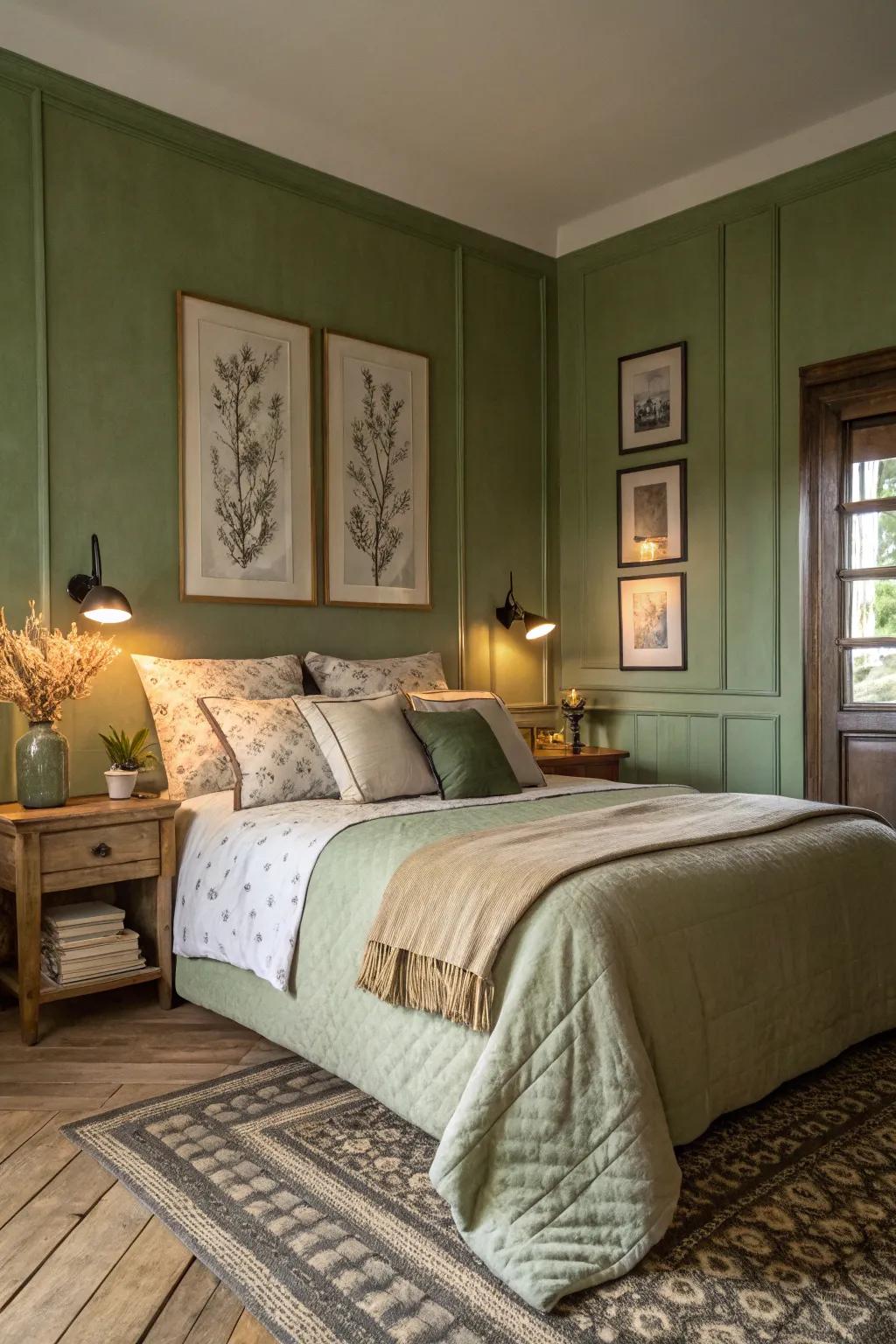 A serene bedroom retreat highlighted by calming olive green walls.