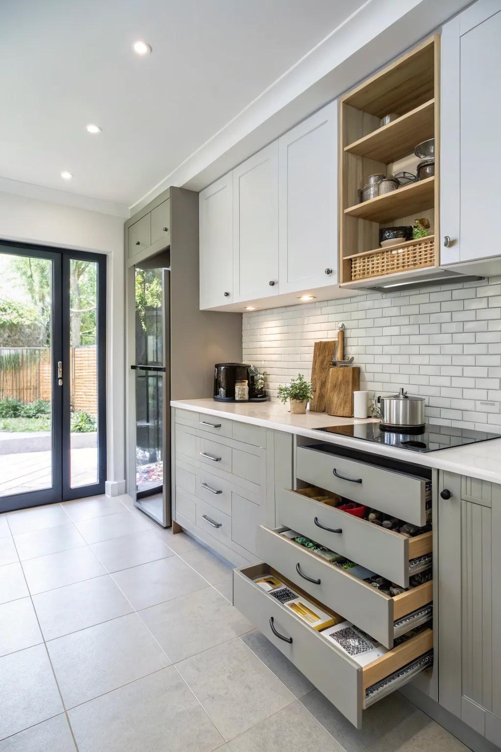 Cutting-edge storage alternatives sustain an organized and tidy single-wall kitchen.
