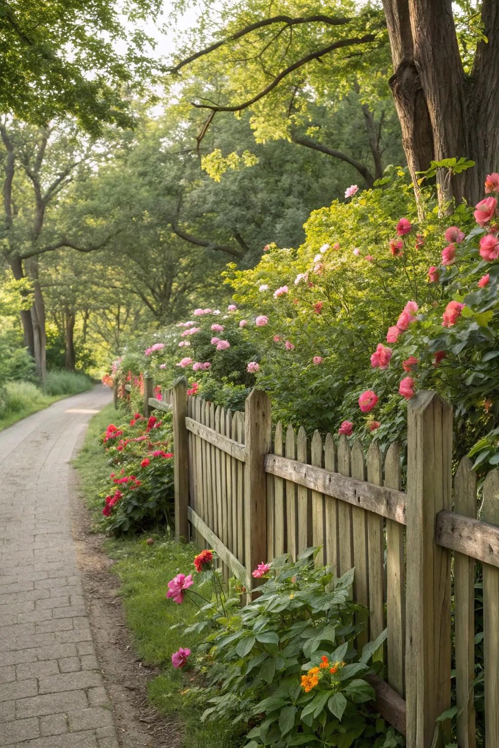 Consistent integration using natural lumber fencing in garden landscapes.