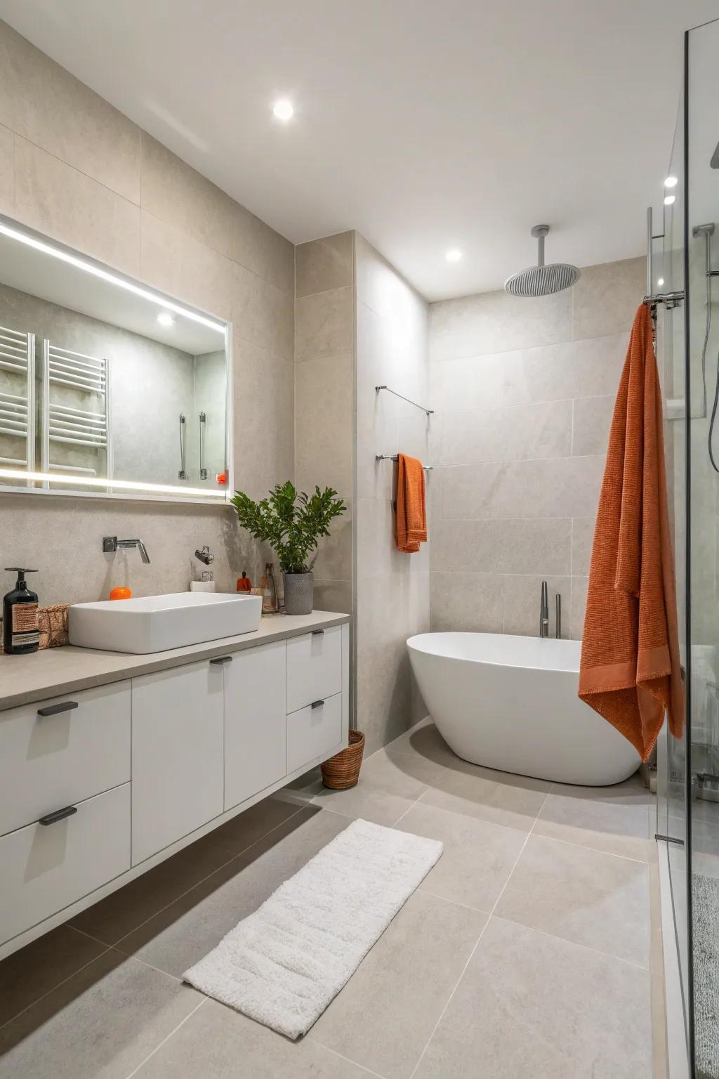 A minimalist bathroom featuring neutral shades and sparingly placed orange decor.