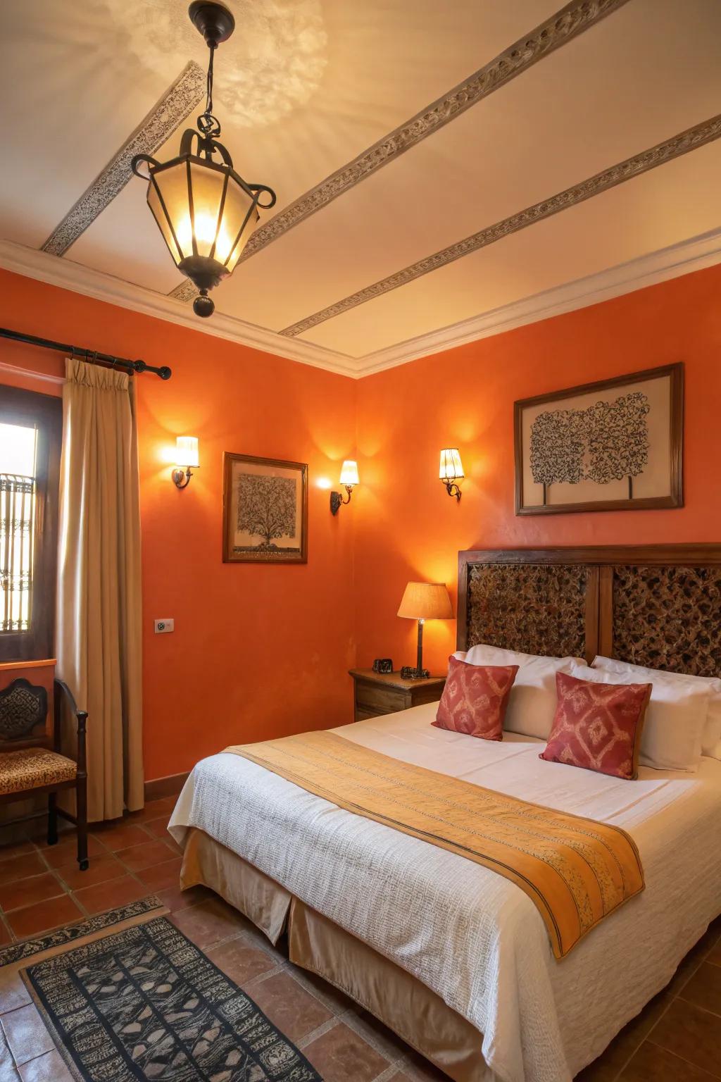 Comforting illumination enriches the abundant tones present in walls painted orange.