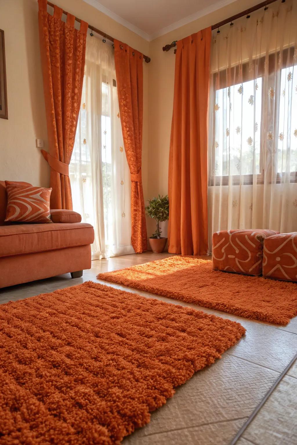 Textured orange features inject richness and depth into the space.