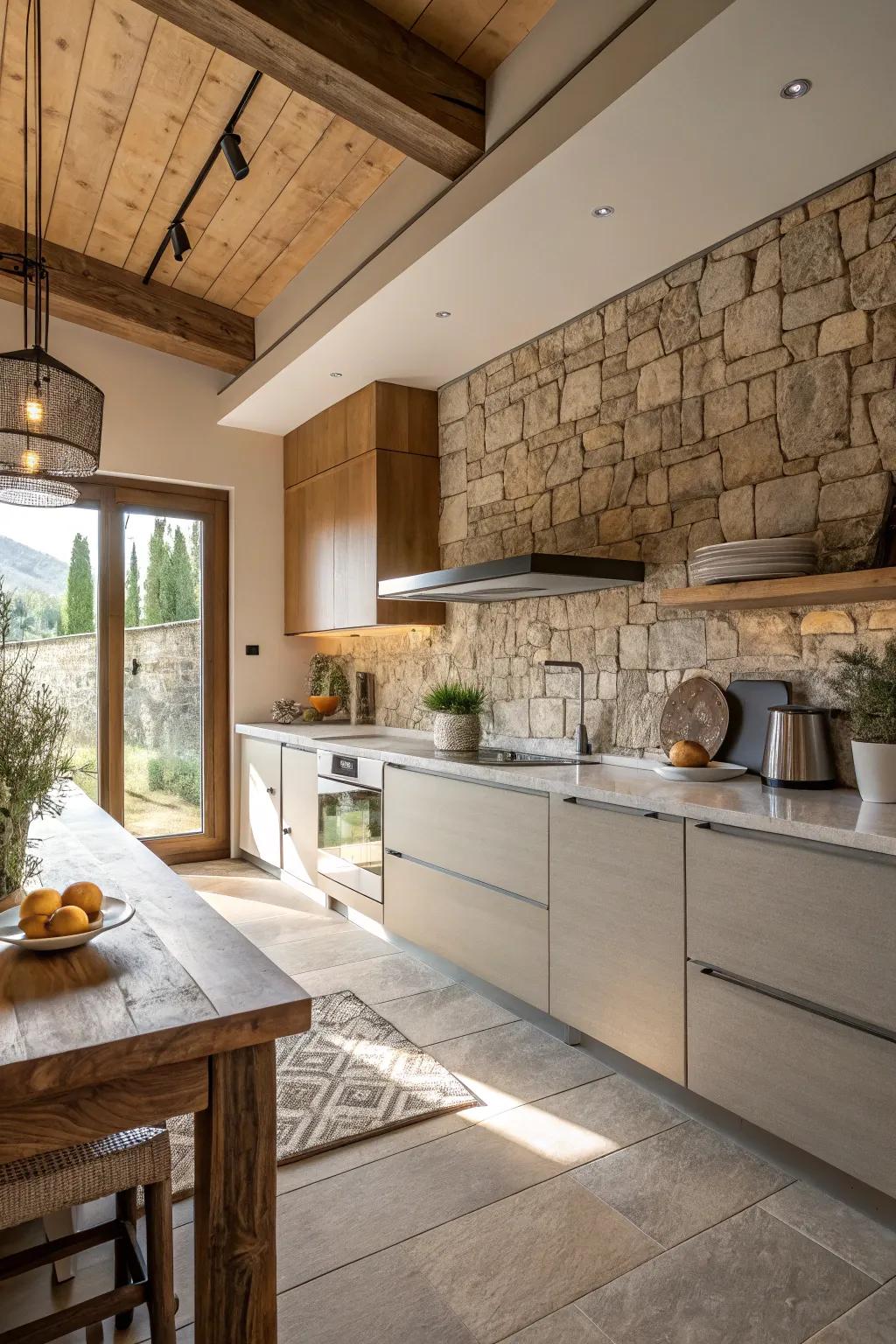 The interplay of textures enriches the kitchen's design with depth and character.