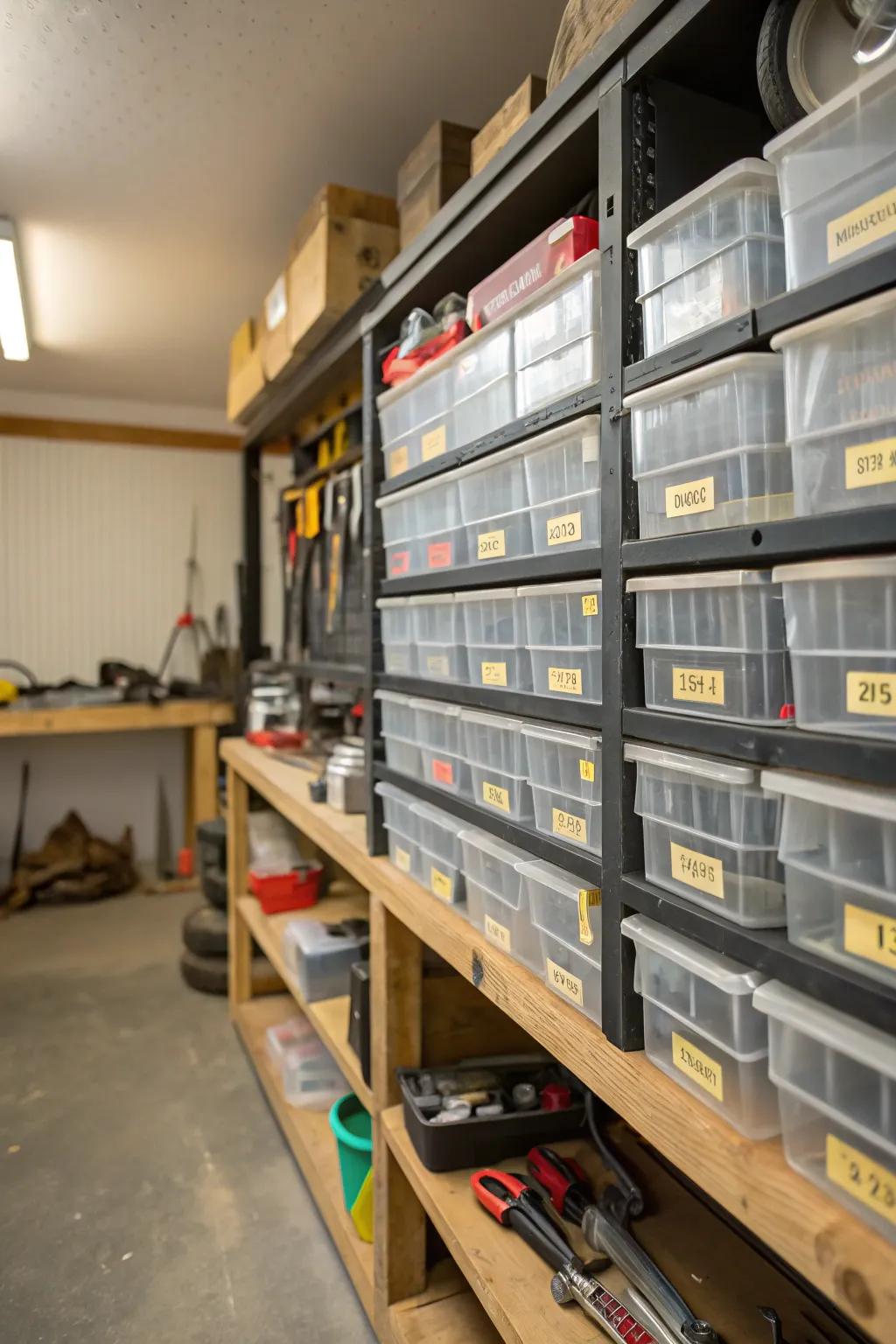 Clear containers and labels streamline garage storage