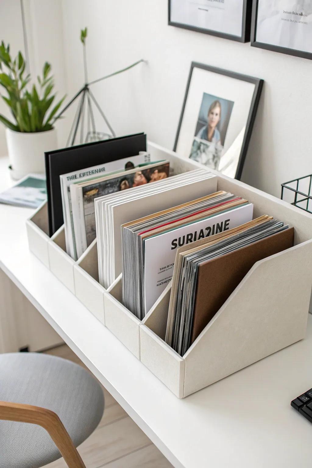 Magazine files keep documents arranged and accessible.