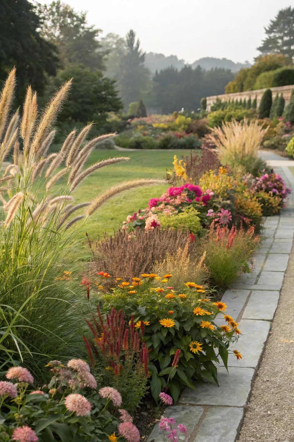 Decorative turfs paired with blossoming floras offer vibrant contrasts.