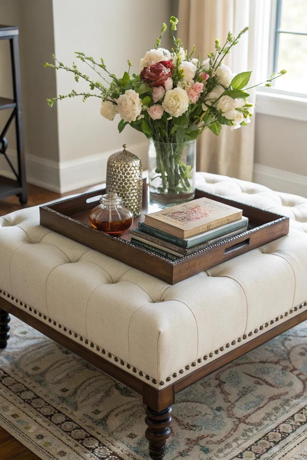 A decorative platter atop an ottoman for increased flair