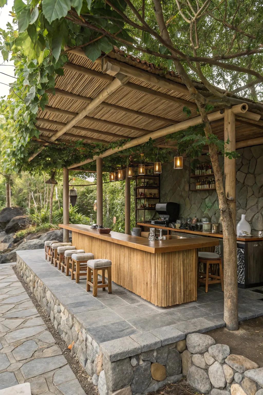 A coffee bar that seamlessly integrates inherent textures for a cohesive appearance.