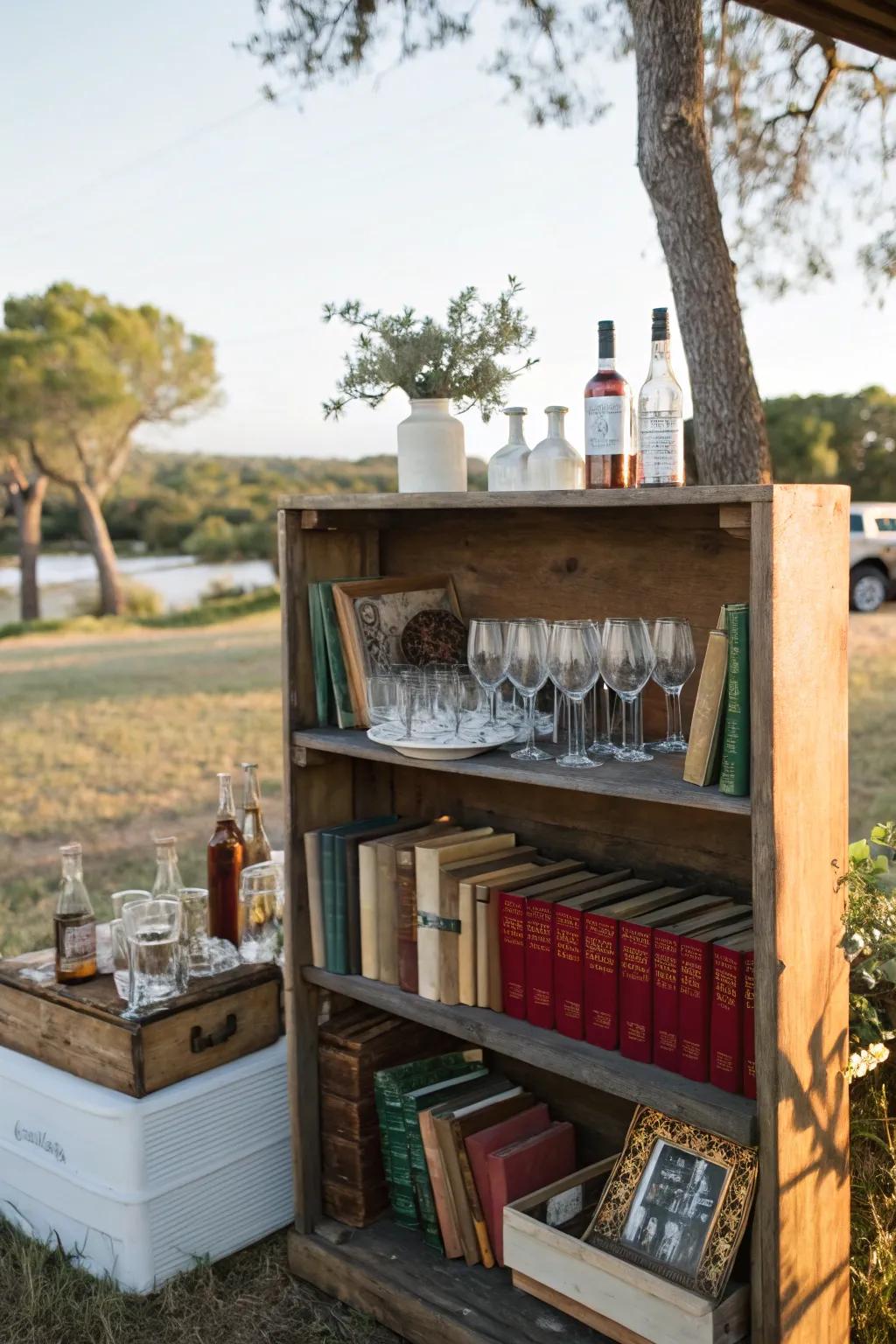 A reclaimed bookcase is a practical and fashionable drink station.