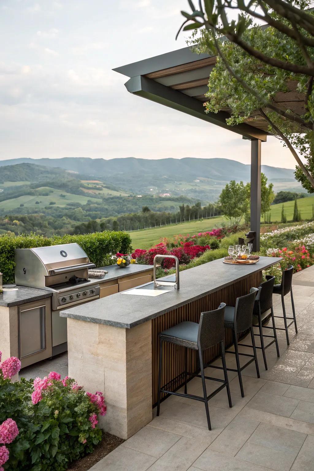 An outdoor kitchen bar featuring picturesque views of a garden and rolling hills.