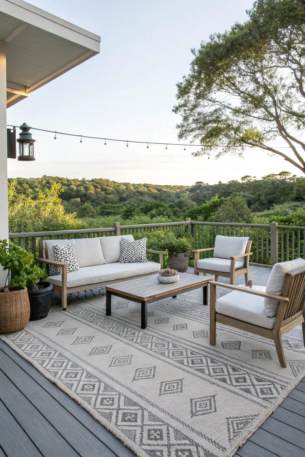 Durable and stylish with weather-resistant rugs.