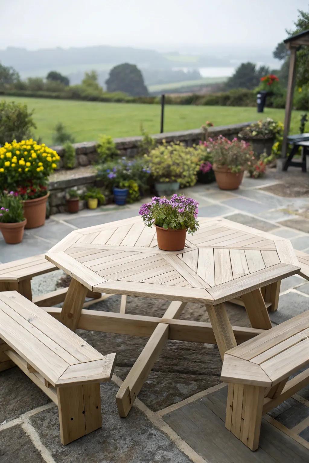 Hexagonal tables create intimate and welcoming dining spaces.