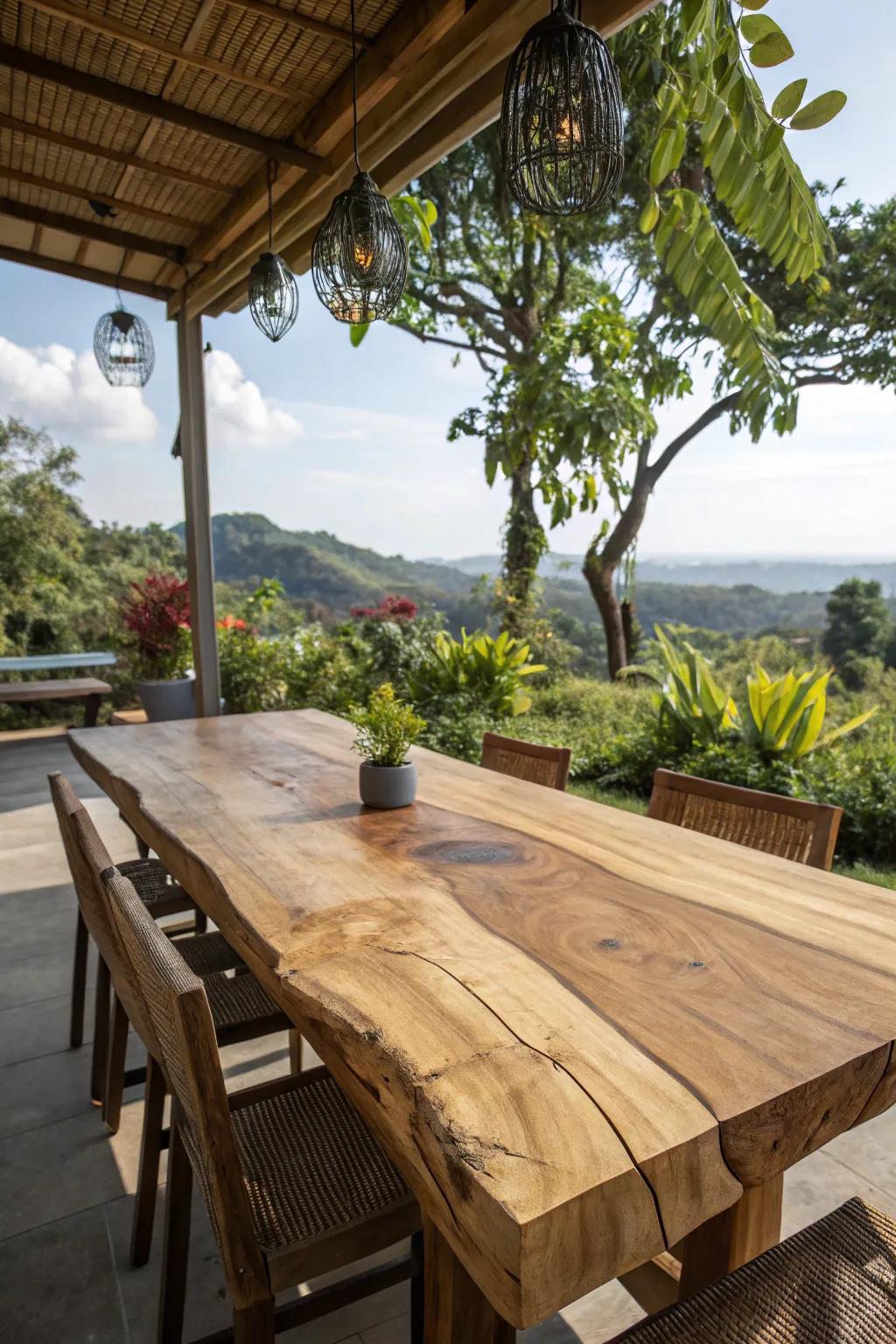 Live edge lumber table tops highlight the raw beauty of all-natural lumber.