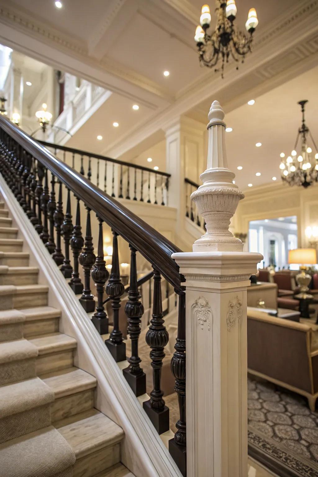 Monochromatic banisters offer subtle sophistication.