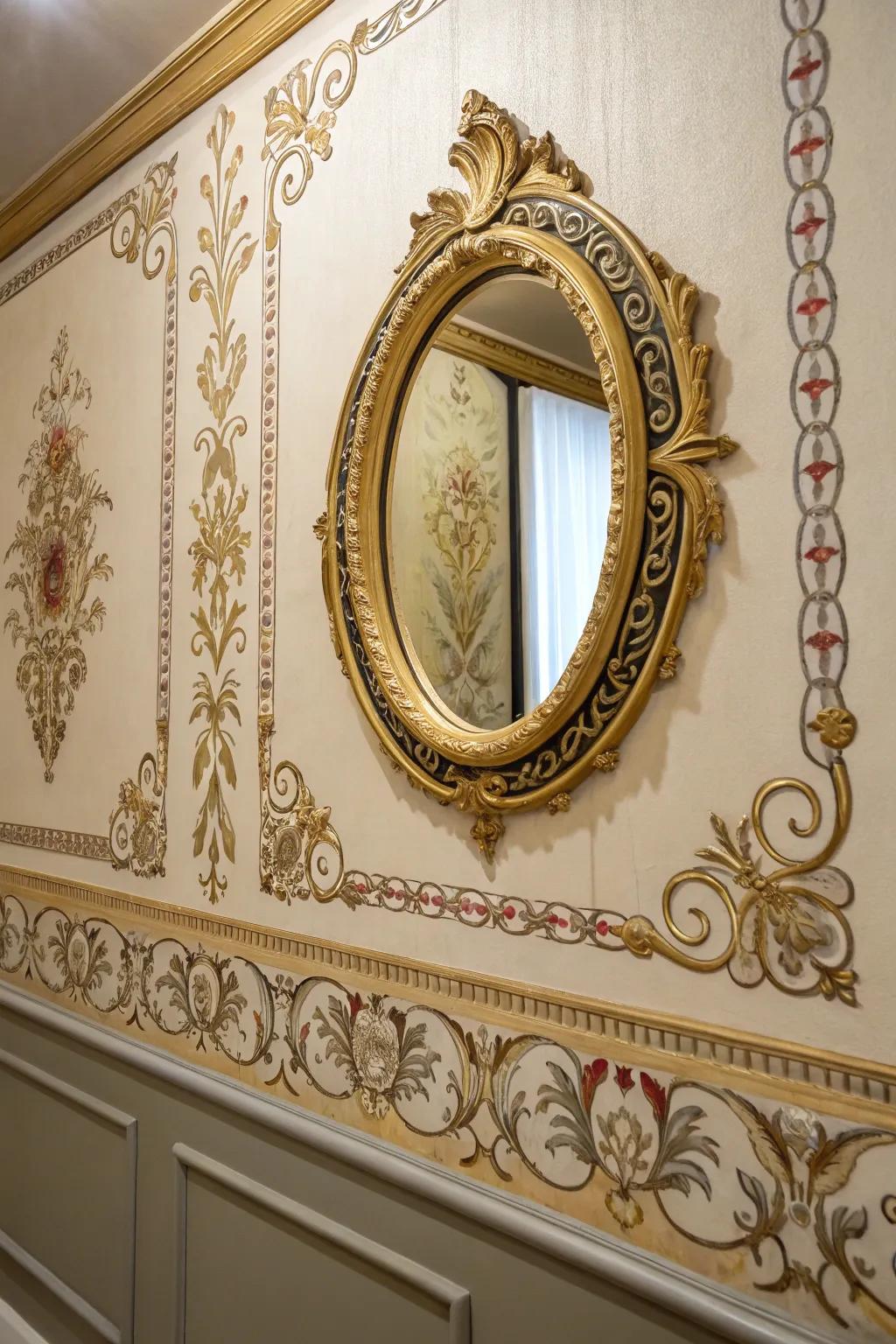Elevate mirrors via an artistic border.