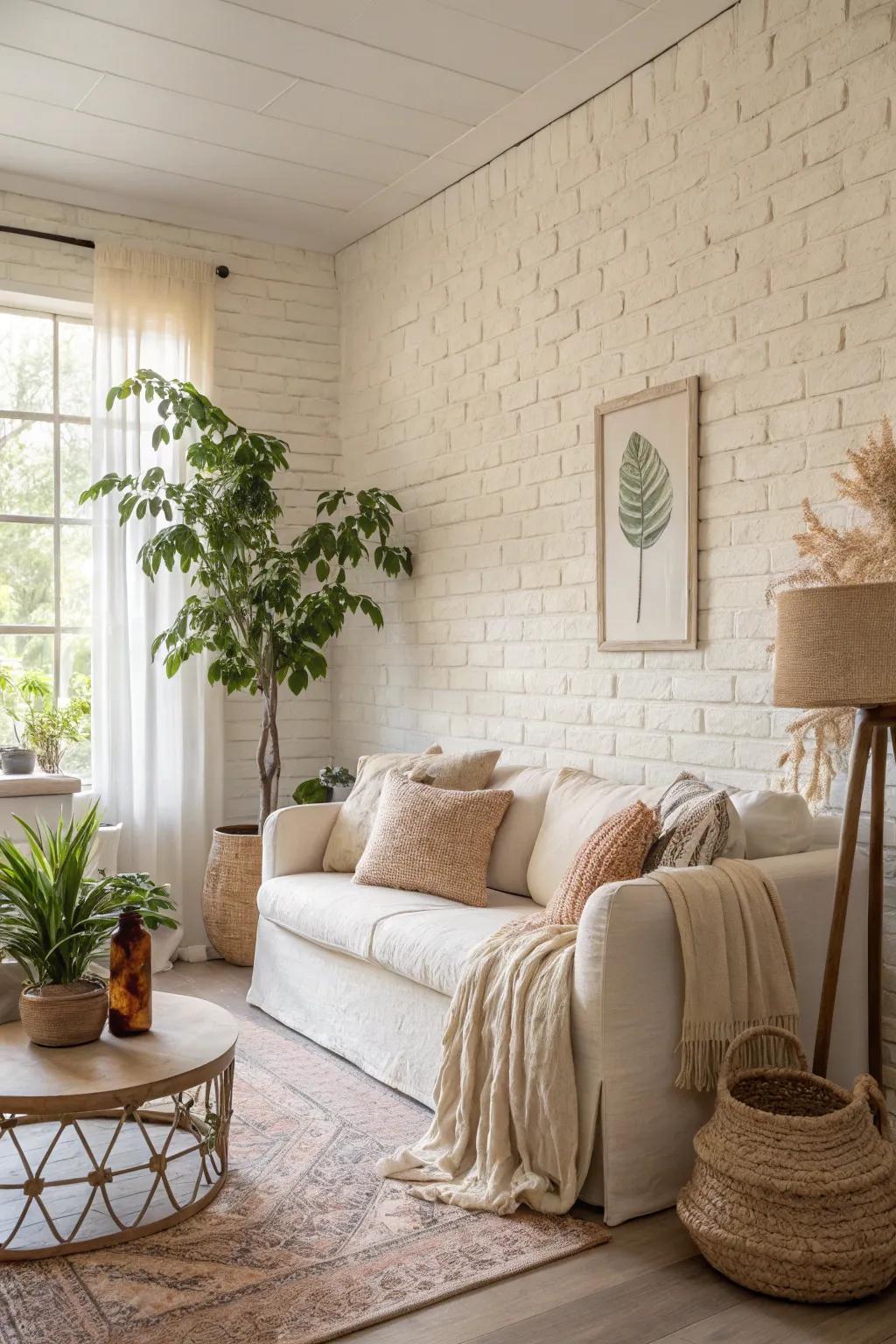 A radiant and breezy lounge improved by a beige brick wall.