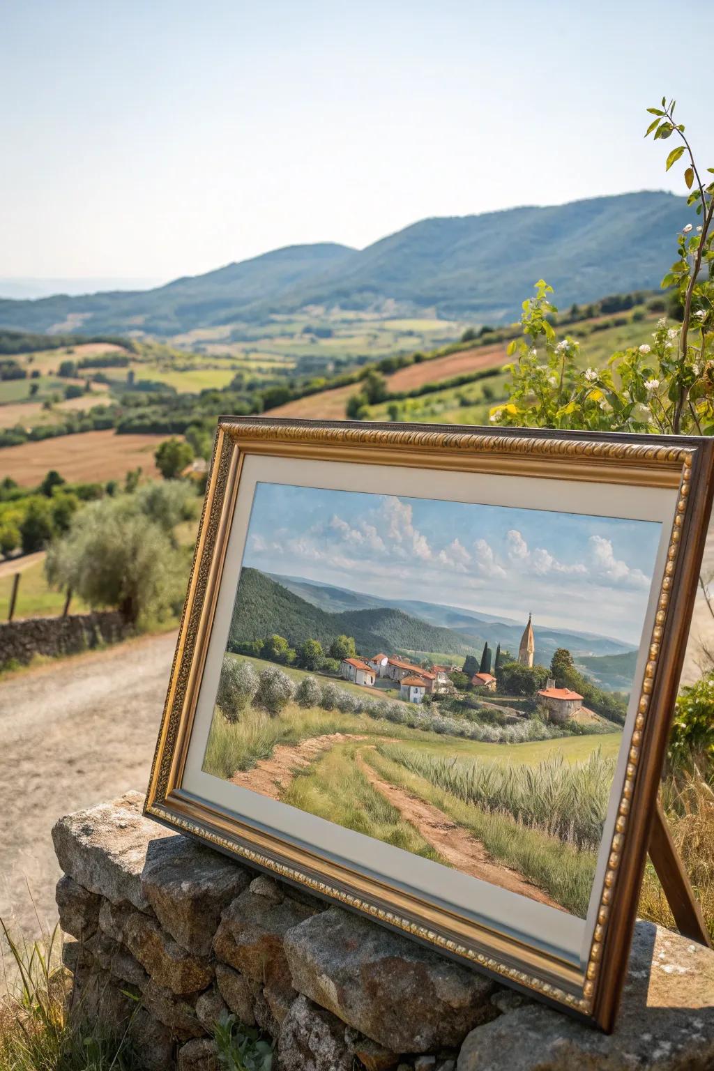 An enclosed landscape painting invites a peaceful countryside indoors.