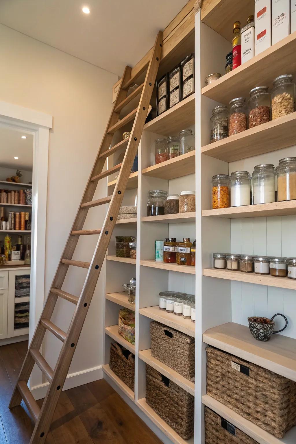 A pantry featuring a sliding ladder for reaching higher shelves.