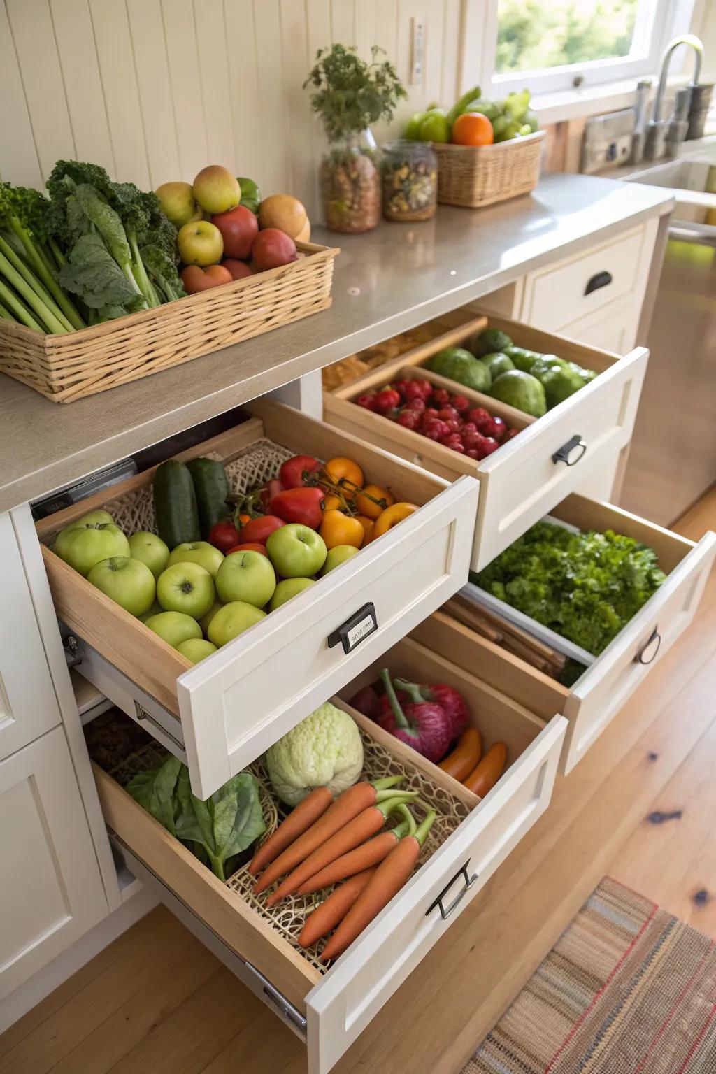 Beneath-the-shelf drawers in a pantry provide additional storage and preserve produce freshness.