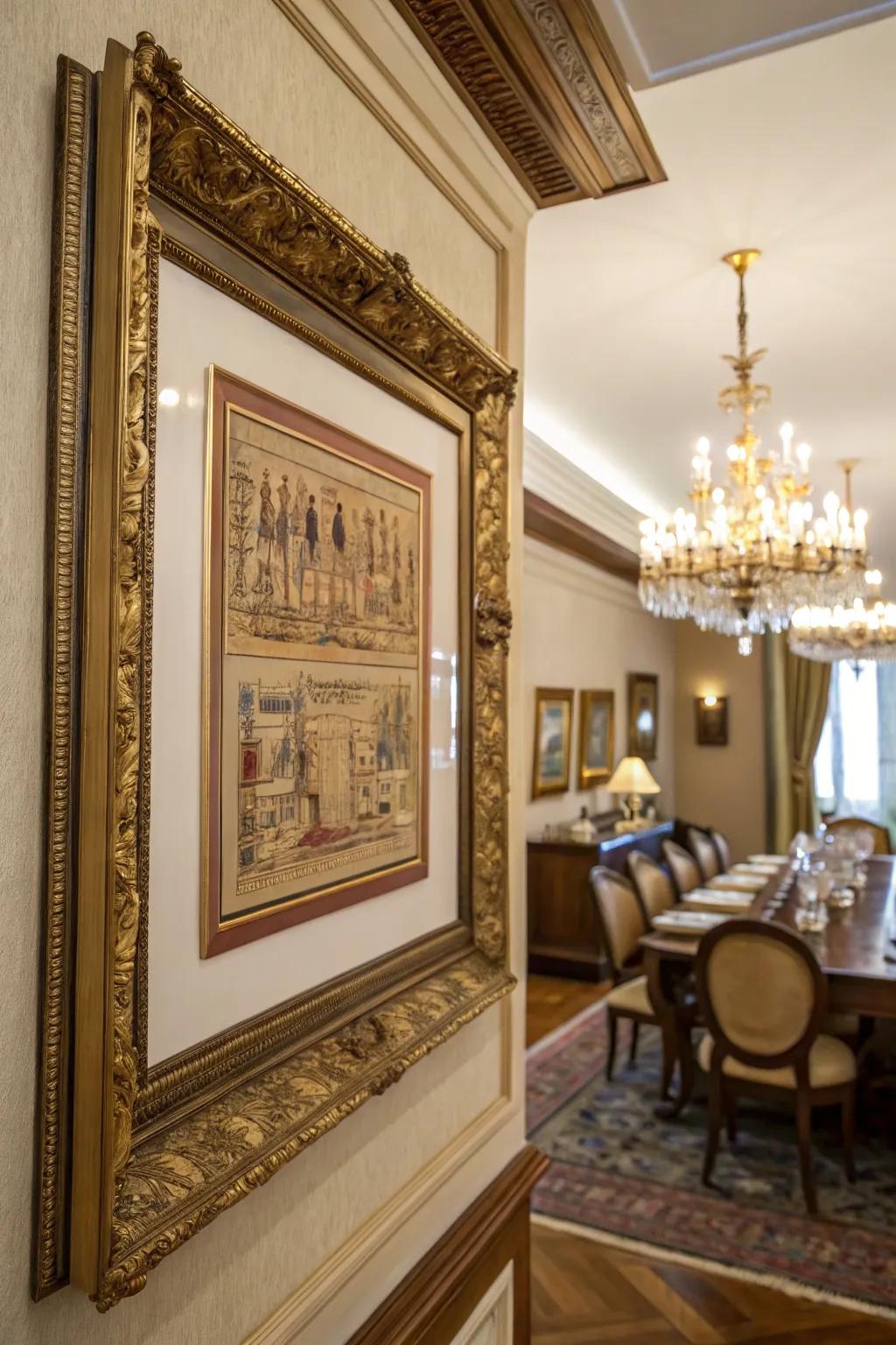 Vintage gold frames add elegance and luxury.