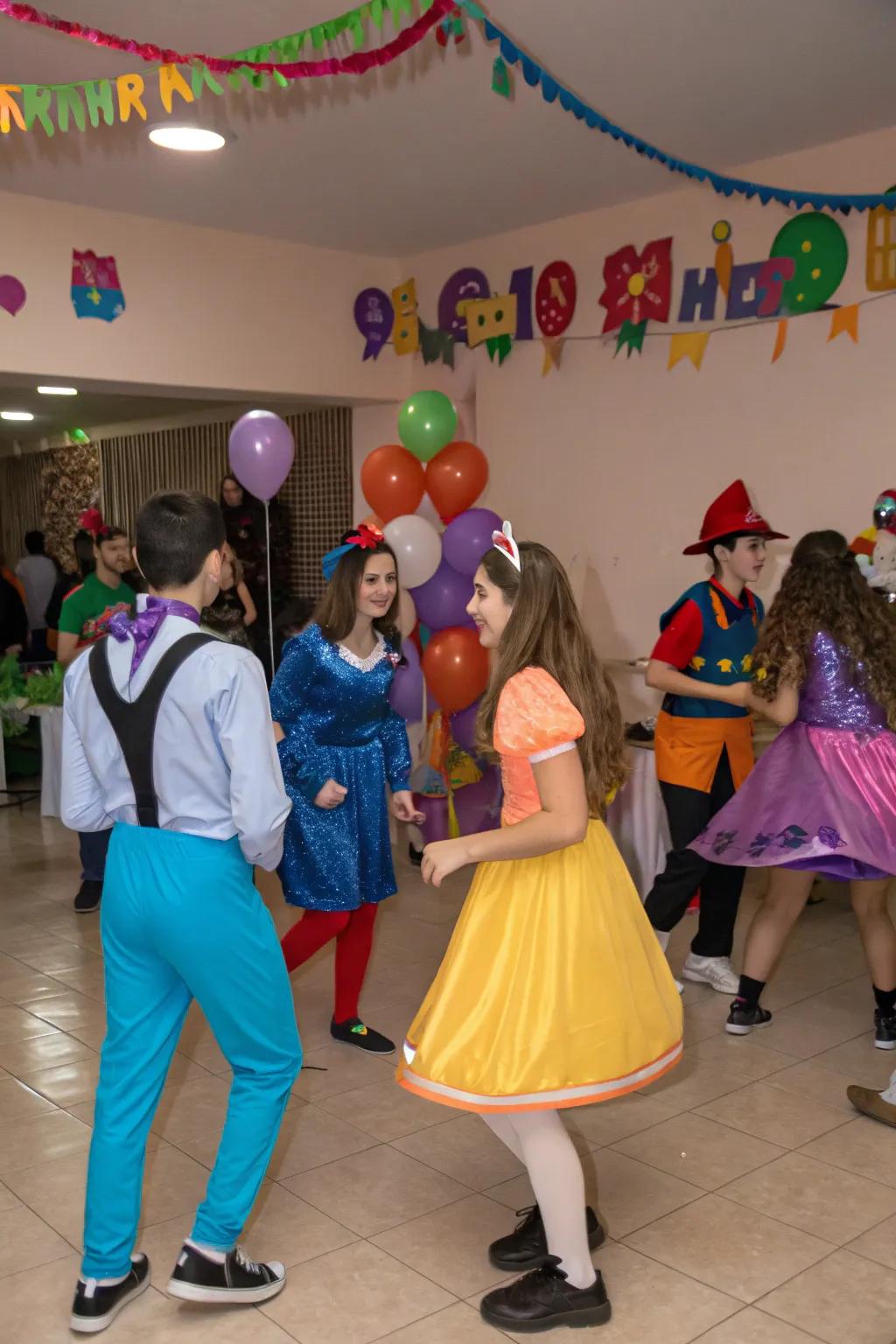 Teens displaying imagination at a themed attire gathering.