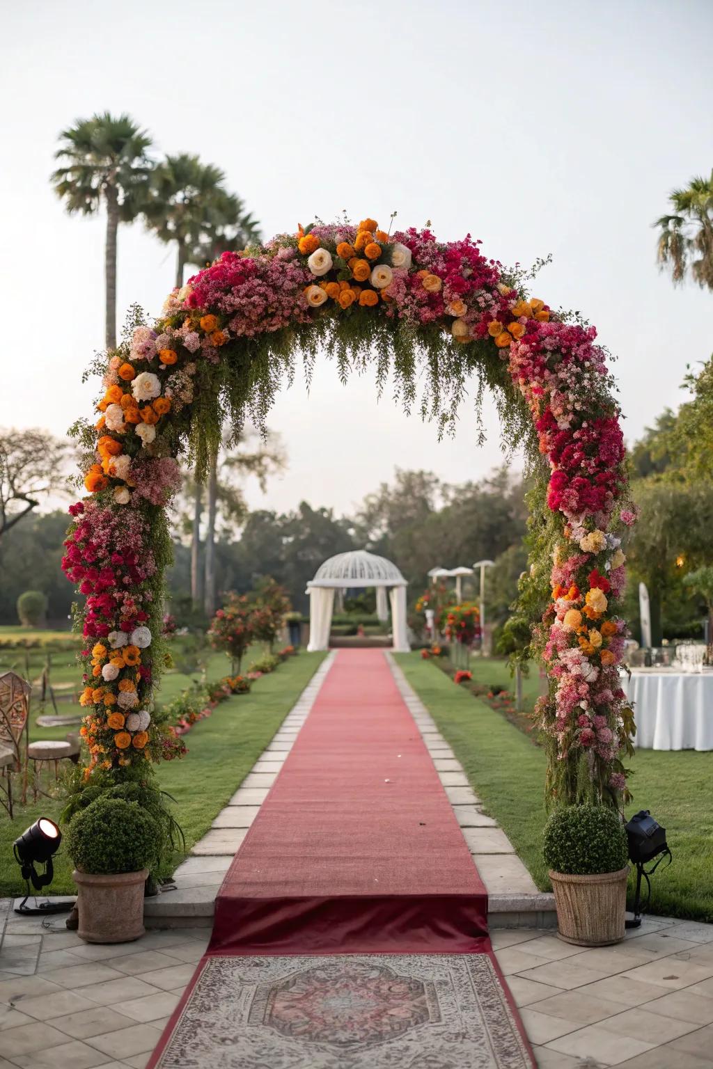 A floral arch creating a breathtaking entrance for a rice-feeding ceremony.