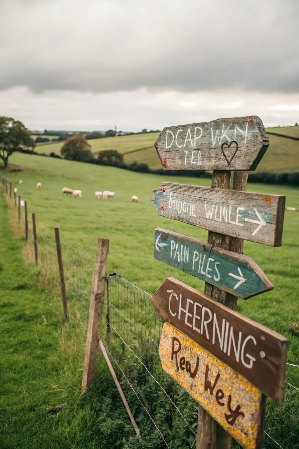 Down-to-earth timber signboards guiding guests around the venue.