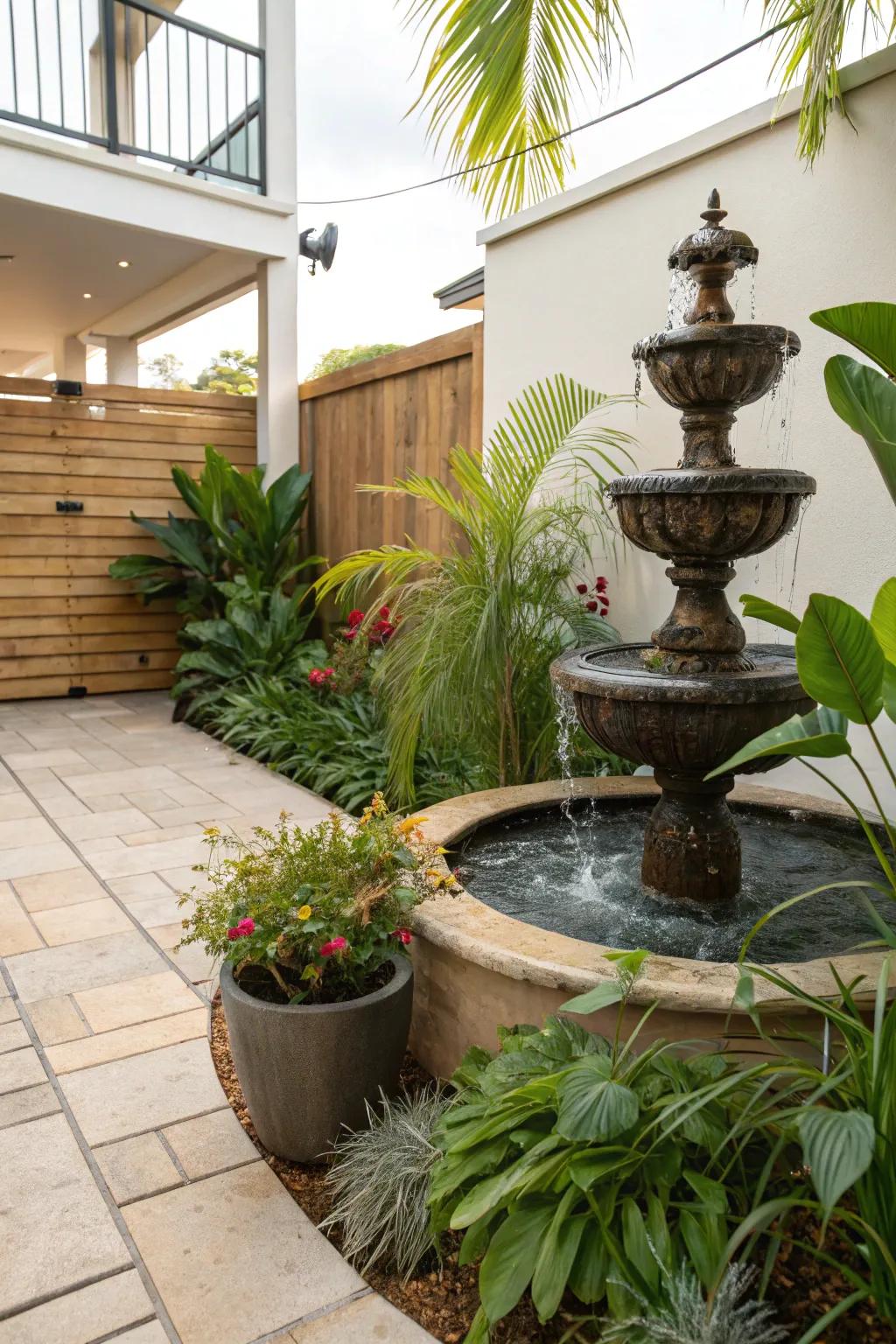 A water element imparts serenity onto your exterior expanse.