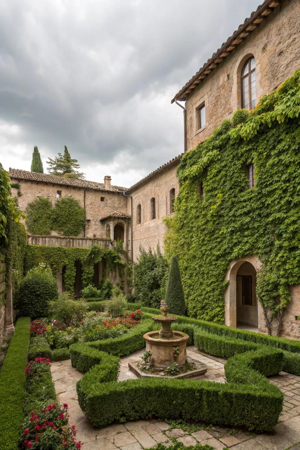 Ivy-covered walls create a romantic and private setting.
