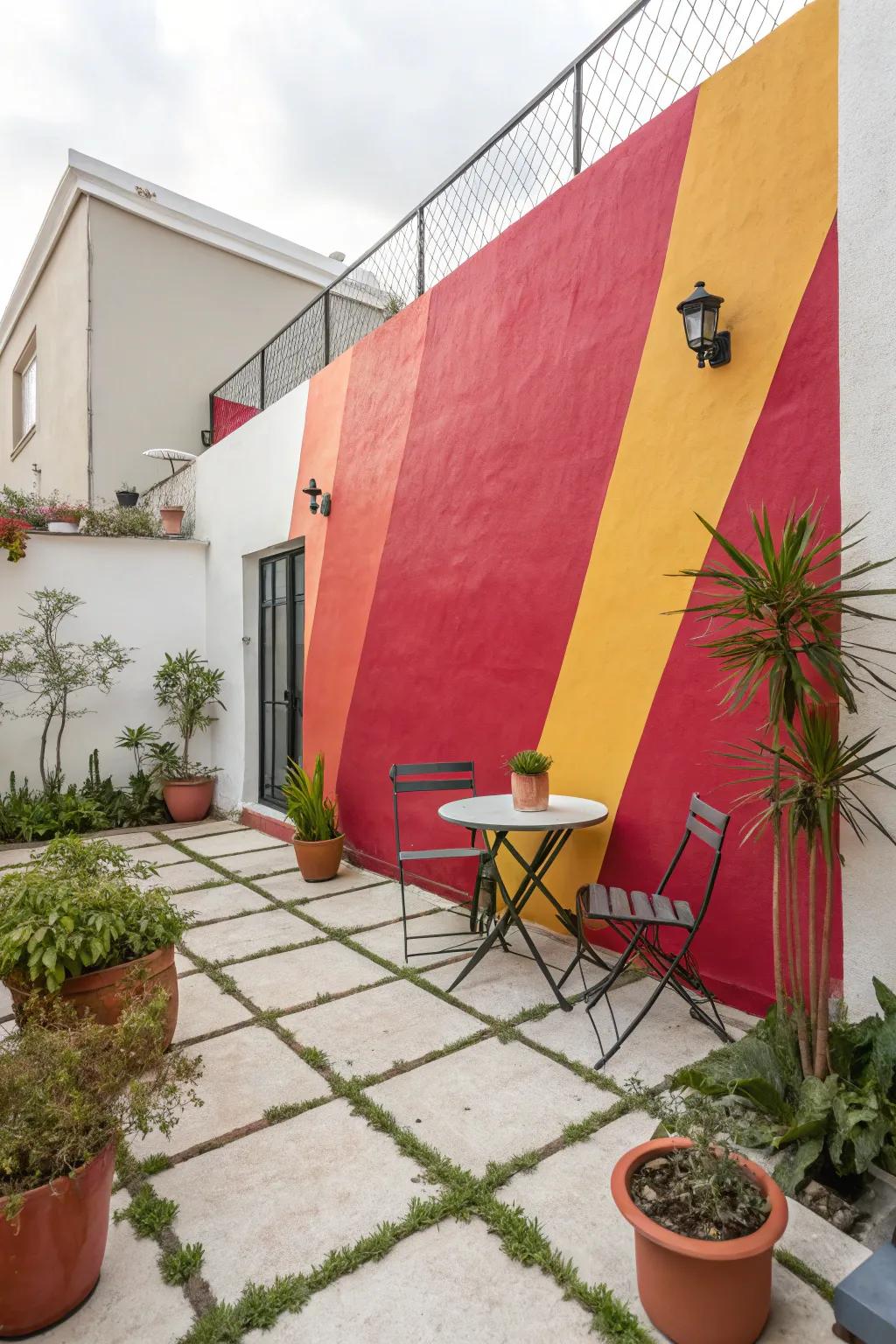 A bold accent paint transforms the patio wall into a captivating focal point.
